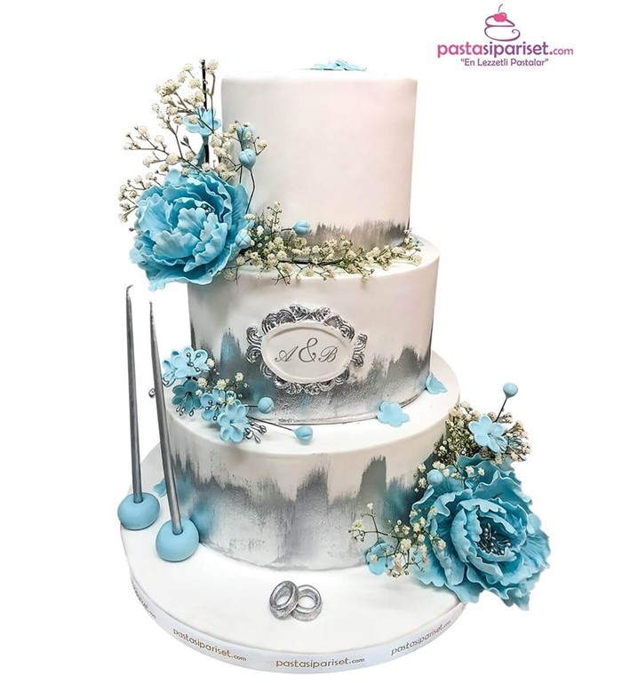 mavi güllü söz pastası, mavi nişan pastası, 3 katlı pasta