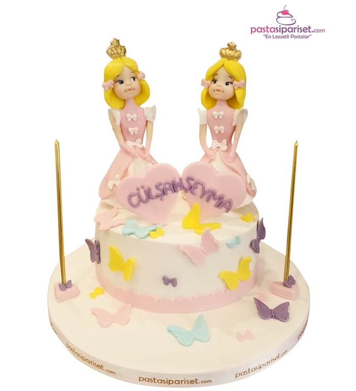ikiz pastası, kız çocuk, prenses, özel tasarım, kelebek