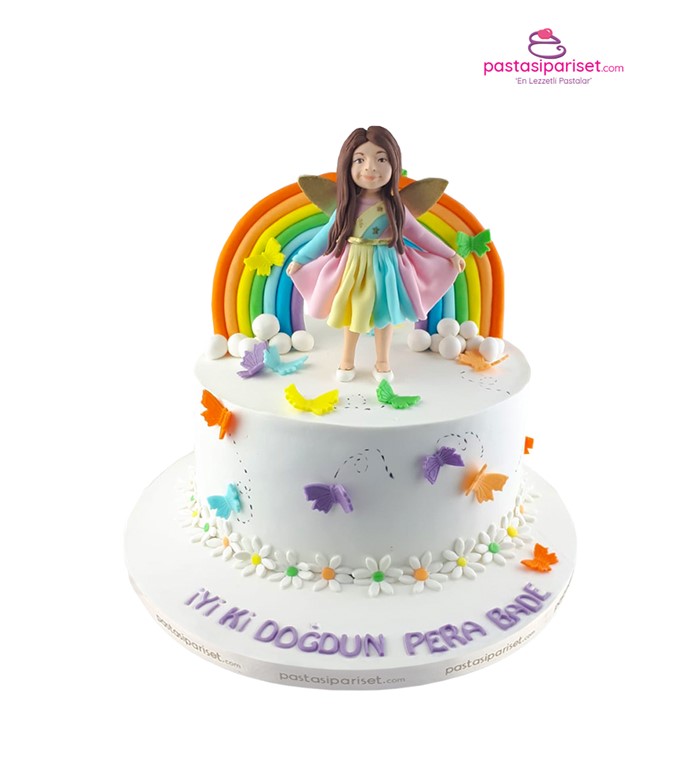 Kelebek prensesi, gökkuşaklı pasta, rengarenk pasta