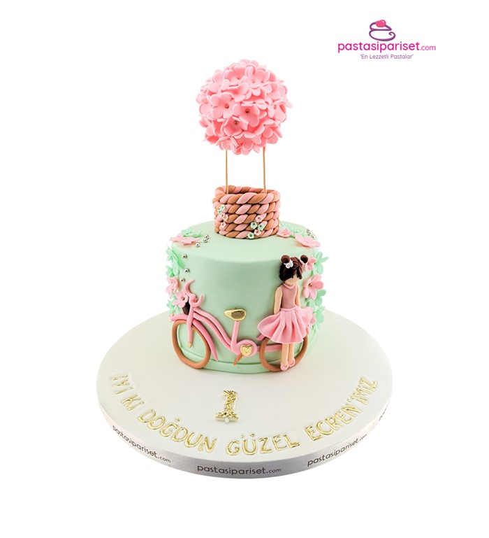 balonlu pasta, 1 yaş günü pastası, kız çocuk pastası
